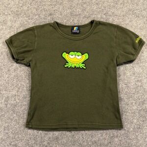 Y2K Suburban Baby Tee Shirt Women Medium Green Cartoon Frog Graphic Festival USA